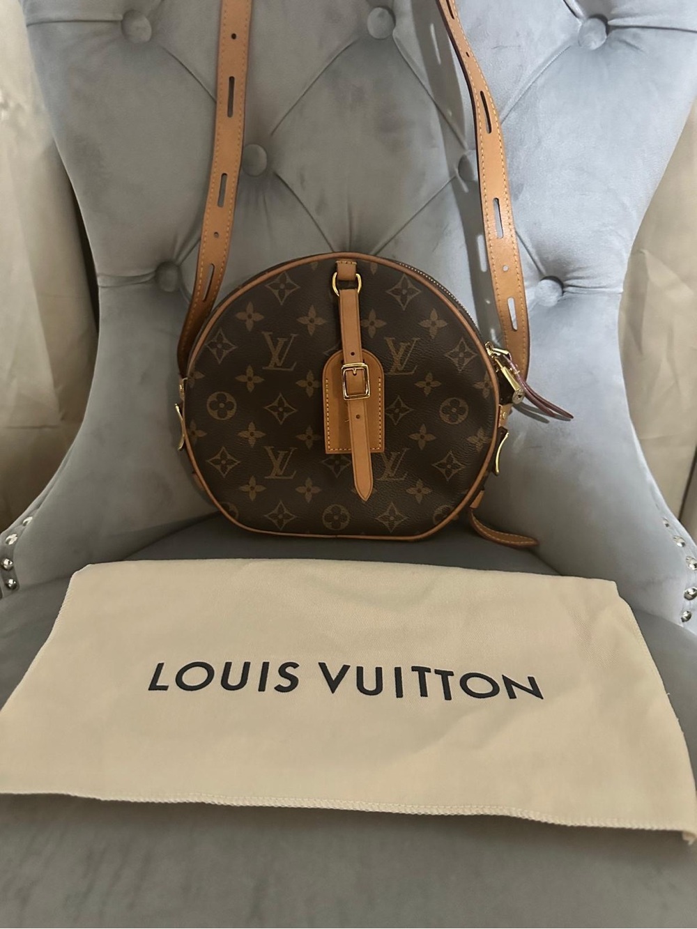 Louis Vuitton Brown Monogram Round Crossbody with Tan Strap